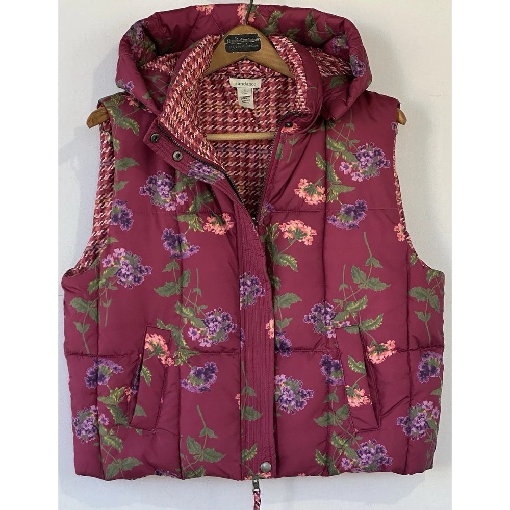Sundance Reversible Puffer Vest Womens Large Floral Houndstooth Hooded Berry L